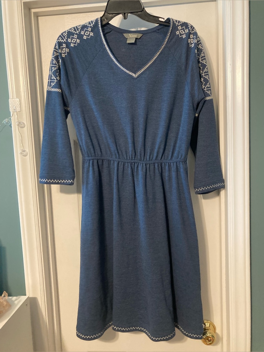 Natural Reflections Blue Knit Dress with White Embroidered Accents